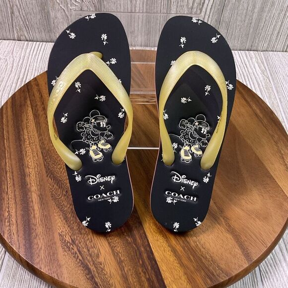 Coach X Disney Minnie Mouse Navy Blue Floral Thong Flip Flops Sandals Women's 7B - Picture 1 of 9
